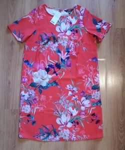 Lipsy Bright Summer Red Coral Floral Short Shift T-Shirt Dress Size 10/12 - Picture 1 of 11