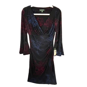 NWT Lauren Ralph Lauren Dress 4 Elsietta V-Neck Sheath Navy Blue/Berry Floral - Picture 1 of 12