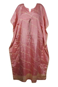 PINK Maxi Kaftan Dress Printed Cover Ups Recycled Sari HI DRAWSTRING Caftan 2X
