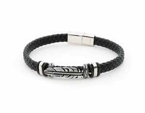 Stylisches Herren Armband Leder Edelstahl Feder Motiv Magnetverschluss Schwarz - Bild 1 von 3