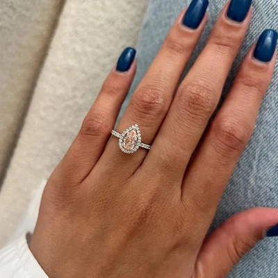 1 Ct Pear Fancy Intense Pink Lab Grown White Gold Diamond Halo Engagement Ring - Image 1 of 4