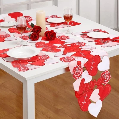 Vintage Embroidered Heart Table Runner Placemats Valentine's Day Wedding Decor - Image 1 of 4