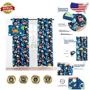 Charming Printed Blue Dinosaur Curtains, Blackout Drape Set for Nursery, 52x84 - Picture 1 of 9