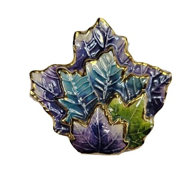 Hand Painted Ceramic Gold Trimmed  Leaves Maple Tree Pin Brooch Blues Purple NIC - Image 1 of 4