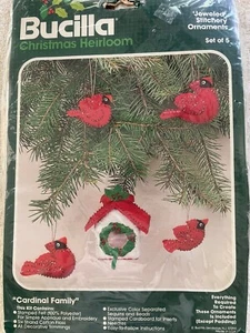 Vintage Bucilla Heirloom Felt&Sequin Jeweled Cardinal Family Ornaments - Picture 1 of 5