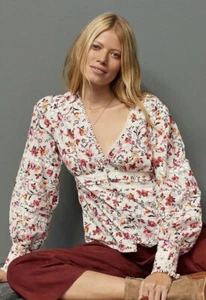 Anthropologie romantische Boho Plumetis Größe 4 creme Blumen Puffärmel Spitze Bluse - Bild 1 von 8