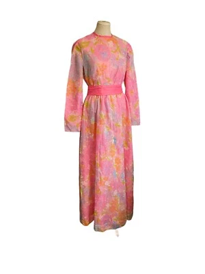 Vestido longo formal caseiro vintage rosa floral tamanho M chiffon sobre cetim - Imagem 1 de 4