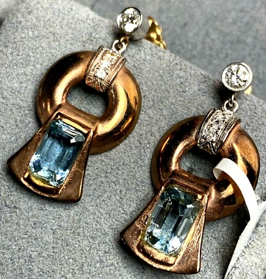 Pendientes Art Deco Vintage Diamantes Aguamarina Estate Joyería Fina Oro Usado Foto 1 de 4