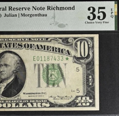 1934A $10 Federal Reserve Note - PMG 35EPQ - Richmond - Star - Fr 2006-E* - Image 1 of 3