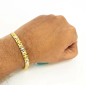 Fine Jewelry 18K Solid Yellow Gold 2 Tone Men's Bracelet 7.6 inches 15.520 Grams - Picture 1 of 8