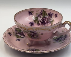 Vintage Japan Footed Cup & Saucer Kelvin Pink Porcelain Purple Violets Gold Trim - Picture 1 of 11