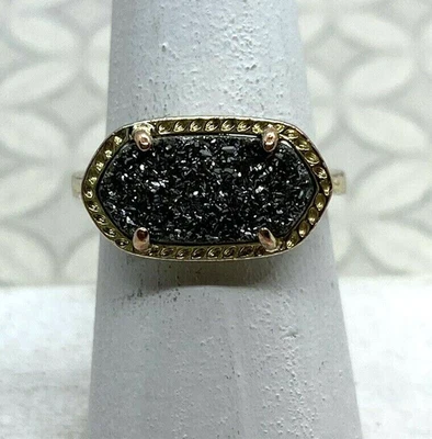 Kendra Scott Elisa ring gold tone black dark grey drusy vintage well used 6 - Image 1 of 4
