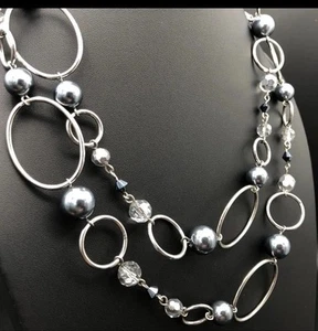 Lia Sophia Necklace ALPINE Gray Faux Pearls Silver Tone Oval Link Chain - Picture 1 of 14