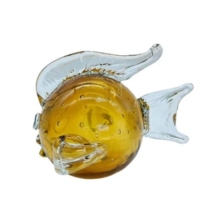 MURANO STYLE ART GLASS AMBER 6" PUFFER FISH SCULPTURE PAPERWEIGHT HAND BLOWN - Picture 1 of 12
