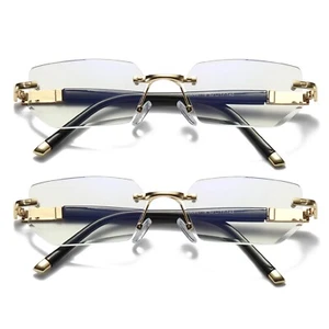 2PK Mens Diamond Shape Rimless Blue Light Blocking Reading Glasses Metal Readers - Picture 1 of 8