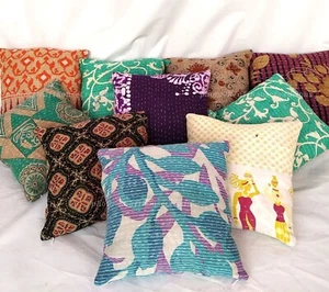 Indian Handmade Kantha Stitch Cushion Cover FLORAL 5 PCS Pillow Case Ethnic - Picture 1 of 3