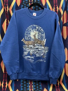 Felpa Vintage 1990 Moon Deer Forest Nature Large (Tag XL) Blu - Foto 1 di 6