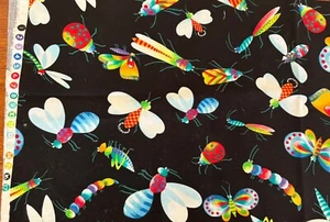Multicolor FIREFLY & Bug on Black Cotton Fabric-9.5x35" - Picture 1 of 2