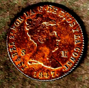 1847 Ja Espana, 8 Maravedis Kupfermünze (KM#531.3) mit "Isabel 2" obv @ A.U. (R/B) - Bild 1 von 2