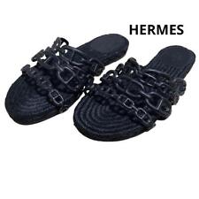HERMES Ancone Sandals Flat Shoes Leather Linen Black EU35/US5 Logo Women