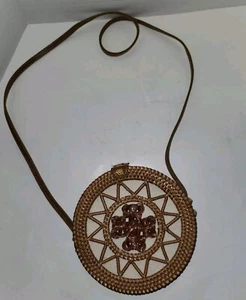 Vintage Round Brown Wicker Purse Sun Triangles Snap Closure - Picture 1 of 11