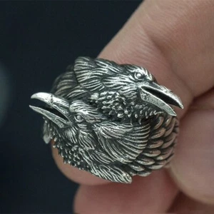 BAGUE ACIER INOXYDABLE CORBEAUX ENTRELACÉS VIKING MYTHOLOGIE NORDIQUE BIKER - Imagen 1 de 3