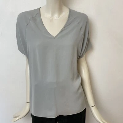 Helmut Lang Tshirt Top Grey Dolman Sleeve V Neck Small Satin Front Minimal - Image 1 of 4