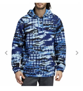 NWT MENS ADIDAS HF2205 M PG PLAID REGULAR FIT  HOODIE BLUE SWEATSHIRTS $55 - Picture 1 of 4
