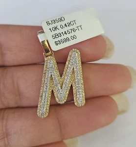 10k Yellow Gold Diamond M Charm Pendant Initial Alphabet Letter Real Genuine - Picture 1 of 4