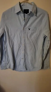 AMERICAN EAGLE OUTFITTERS FAVORITE SHIRT Women's Blue stripe SP Blouse 1 Pock - Picture 1 of 24
