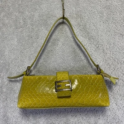 Faux Leather Crocodile Pattern Shoulder Bag Lime Green Baguette Buckle Y2k - Image 1 of 4