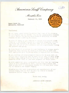 Membrete de tabaco American Snuff Company Memphis Tennessee 1950 8,5" x 11" - Imagen 1 de 2