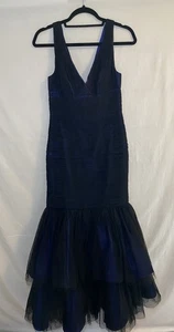 ML MONIQUE LHUILLIER Blue Black Tulle Polka Dot Trumpet Gown Dress sz 2 - Picture 1 of 9