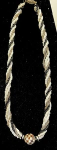 Black , Gray White Beed Seed Twisted Necklace W/ Shell Ball 18” #A13 - Picture 1 of 2