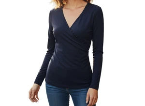 EILEEN FISHER V Neck Long Sleeve Wrap Blouse Small Top Black Basic NEW - Picture 1 of 7