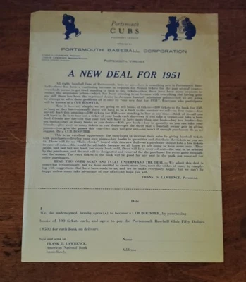 1951 Portsmouth Cubs Baseball Official letter Piedmont League VA Regie Otero mgr - Image 1 of 2