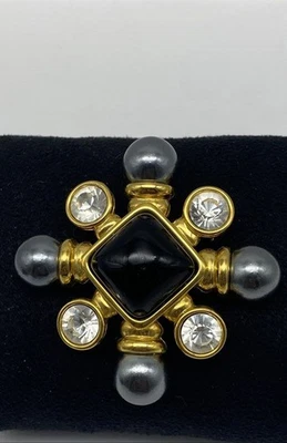 Joan Rivers Gold Tone Faux Pearl , Crystal & Onyx Brooch 34.8g - Image 1 of 4