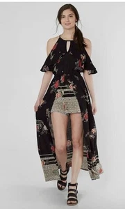 Angie Sleeveless Floral Red V Neck Maxi Romper Ruffle Adjustable Straps Medium - Picture 1 of 10