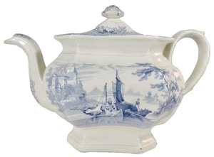 Rhone Transferware Teapot Blue Tea Pot Men Fishing Boat Castle Flowers Late 1800 - Picture 1 of 21