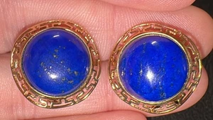 Vintage 14k Yellow Gold, Greek Key, Blue Lapis Omega Back Earrings - Picture 1 of 6
