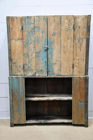 19th Century Antique Painted Farmhouse Cupboard Cabinet Farm House Blue Paint Cover