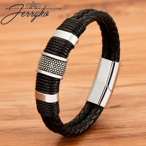 Herren Armband Schwarz Echtes Leder Edelstahl Magnetverschluss Männer Geschenk - Bild 1 von 15