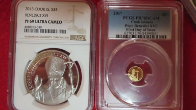 2017 & 2013 Pope Benedict XVI .999 Gold & Silver CoinsCook Island NGC PR70  PR69 - Image 1 of 4