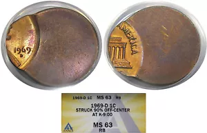 1969-D 1C ANACS MS63RB MINT ERROR LINCOLN ~ 90% OFF CENTER & LOOKS RED! - Picture 1 of 5