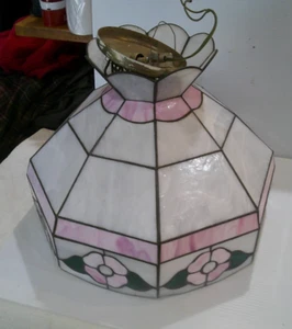 VTG TIFFANY STYLE STAINED GLASS HANGING CEILING FIXTURE pink and white - Picture 1 of 7