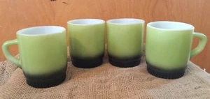 4 Vintage Anchor Hocking Fire King Avocado & Black Stackable Coffee Cups Mugs - Picture 1 of 12