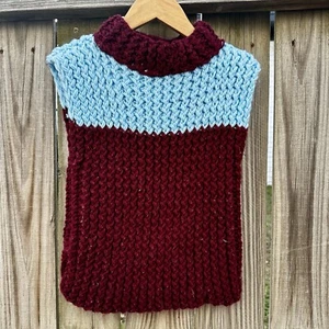Handmade Crochet Knit Colorblock Maroon & Blue Mock Neck Sweater Vest Sz 5/6 - Picture 1 of 5