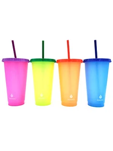Paquete de 4 vasos reutilizables que cambian de color MANNA con juego de tapas y paja - 24 oz 710 ml - Imagen 1 de 12