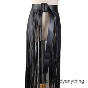Lady Punk Tassel Skirt Waist Belt Faux Leather Waistband Long Fringe Gothic Belt - Picture 1 of 14