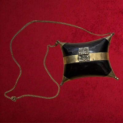 Antique 1930s Horn And Brass Pillow Purse With Purple Velvet Lining - Image 1 of 4